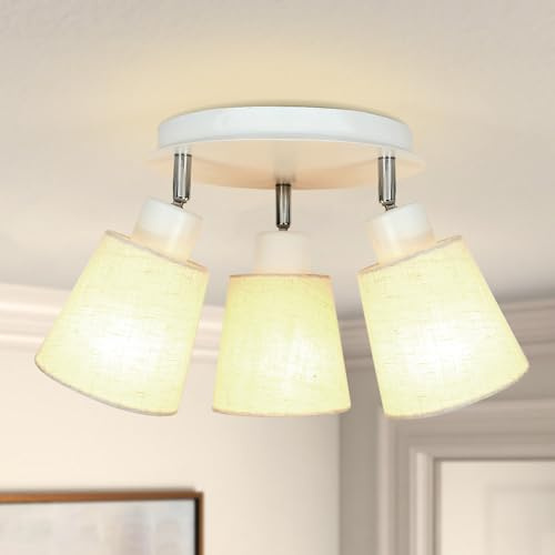 Unikcst Deckenstrahler 3 Flammig E27 Deckenlampe Weiß | Leinenschirm, Schwenkbar 350°, E27-Fassung Max 60W, 230V, Deckenspots für Wohnzimmer Schlafzimmer Küche, Ohne Leuchtmittel