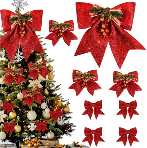 Vibbang 8 Stück Schleifen Weihnachtsbaum Rote, Glitzer Weihnachtsschleifen Weihnachtsdekorationen, Große Schleife, Tannenbaum Deko für Weihnachten Urlaub Hochzeit Feierlichkeiten Feierlichkeiten