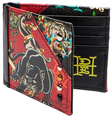 ED HARDY Bifold Wallet mit Nieten und Panther- und Schlangenmuster, Rot/Schwarz, Einheitsgröße, Classic