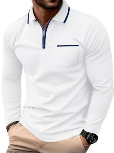 PrinStory Mens Long Sleeve Polo Shirts Quarter Zip Polo Shirts Golf Tennis Tops Casual Cotton Tee Tops With Pockets
