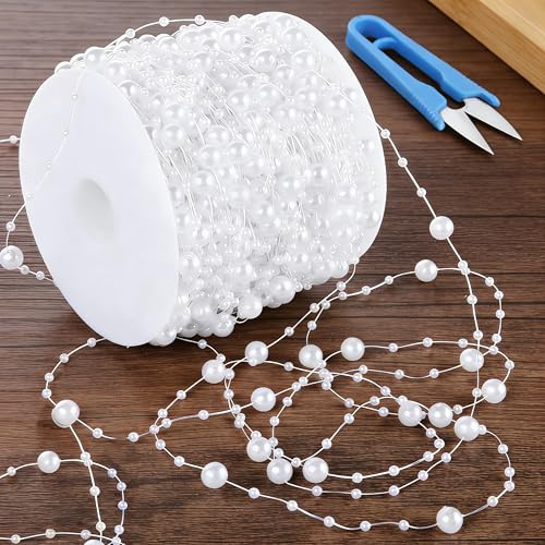 60M Perlengirlande Weiß, Perlenband mit Edelstahl Schere für Hochzeitsdeko, Partydeko, Tischdeko, Geburtstag, Taufe, DIY Basteln. Kreative Perlenkette für Brautstrauß, Deko Ideen und Handwerk