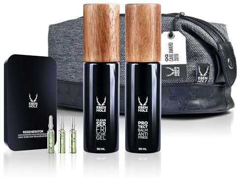 EBENHOLZ skincare Gesichts Pflegeset Beruhigung für Männer | Sanftes Reinigungsgel, Anti Stress Balsam, Regenerator Ampullen, Hyaluron, Provitamin B5