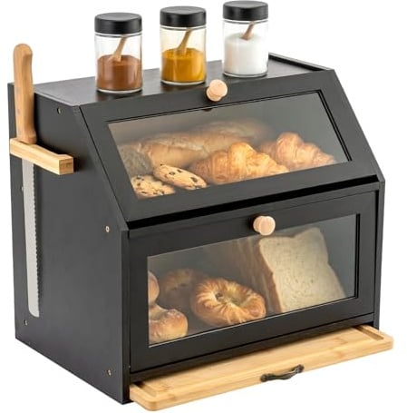 GREENSAPPIRE Brotkorb mit Schneidebrett Brotkasten Bambus Eco Brotbox | Aufbewahrungsbox Küche Brotaufbewahrung Brotbehälter Visualisiert für Brot, Röstbrot, Schwarz, 39x26x32.5(LxBxH) cm