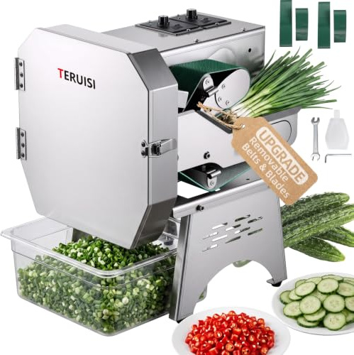 TERUISI Commercial Vegetable Chopper, 200W Electric Vegetable Cutter 450LBS/H Production, Stainless Steel Onion Chopper with Upgrade Removable Belts & Blades, 2-20mm Adjustable Thickness, 220V