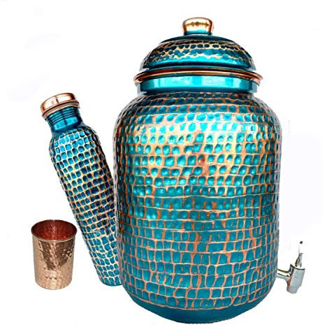 Rastogi handicrafts verhandelt reines Kupfer-Wasser- oder-Kupfer-Topf mit Becher und Flasche, Firozi Hammered, 4 LITTER POT