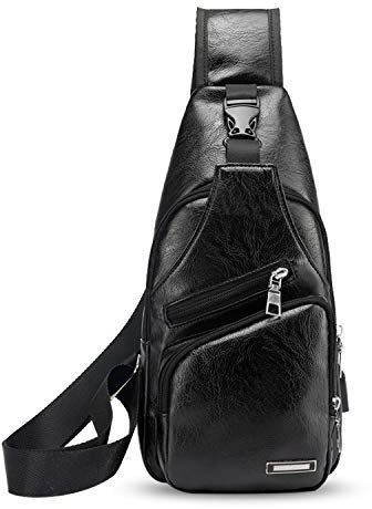 FANDARE New Sling Bag Herren Studenten Outdoor Sport Fitness mit USB-Ladeanschluss Kopfhörerbuchse Umhängetasche Wasserdicht PU Schwarz