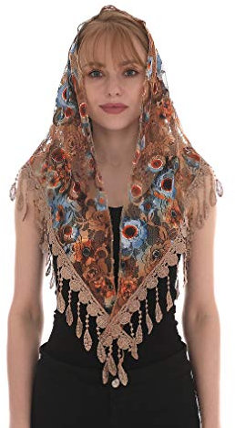 LMVERNA Dreieckiger Spitzenschal Mantilla Schleier leichte Quaste Schal Mode Blumen Schals und Wraps für Frauen, Blumen-Nude, Mittel
