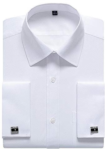 siliteelon Mens White Double Cuff Shirt, Cufflinks Shirt for Men Dress Formal Shirts,French Cuff Men's Long Sleeve Work Wedding Evening