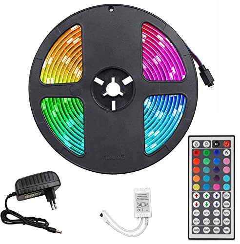 FOLGEMIR LED Streifen 5M RGB LED Strip 5050 SMD 300 LED Band, LED Lichtband Wasserfest mit 44 Tasten Fernbedienung 12V Netzteil für Haus, Raum, Party, Hochzeit, Dekoration