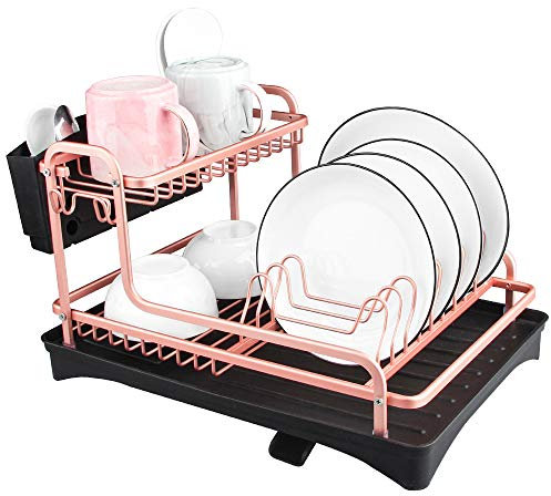 Tomorotec Never Rust - Escurridor de Platos de Aluminio con Soporte para Utensilios, Bandeja de Secado de Platos de 2 Niveles para Platos de Cocina, Bandeja escurridor de Cubiertos (Oro Rosa Mate)