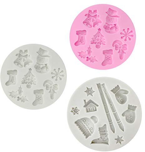 3 Stück Fondant Silikonformen, VEINARDYL 26 Hohlraum 3D Weihnachten Zuckerhandwerk Kuchendekoration Cupcake Topper Bastelprojekte Gummipaste Harz Polymer-Ton-Form