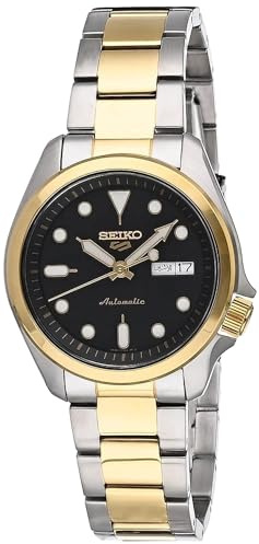 Seiko Herren Armbanduhr 5 Sports Automatik Silber-Gold 40mm, Ziffernblatt Schwarz, Wasserdichtigkeit: 10 bar, SRPE60K1