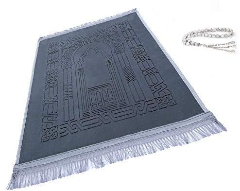 Prayer Rug Muslim Mat Islamic - Thick Large Padded Sajadah for Kids Men Women with Islam Prayer Beads for Eid Travel Ramadan, Soft Luxury Great for Knees and Forehead(Grey)