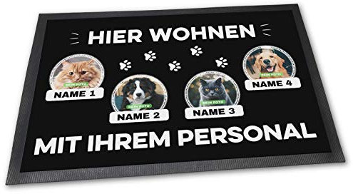 Fußmatte mit Vier Katzen - Hier Wohnen - Personalisiert mit WUNSCHFOTOS und Wunschnamen Katzenbesitzer - 75 x 50 cm