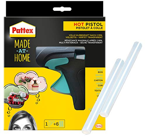 Pattex Heißklebepistole Made at Home, Kleber für kreative Heimwerkarbeiten, Spar-Set mit 1x Klebepistole und 8x Heißklebesticks (6+2 extra) mit 11 mm Durchmesser, 9HPMHHPP1X