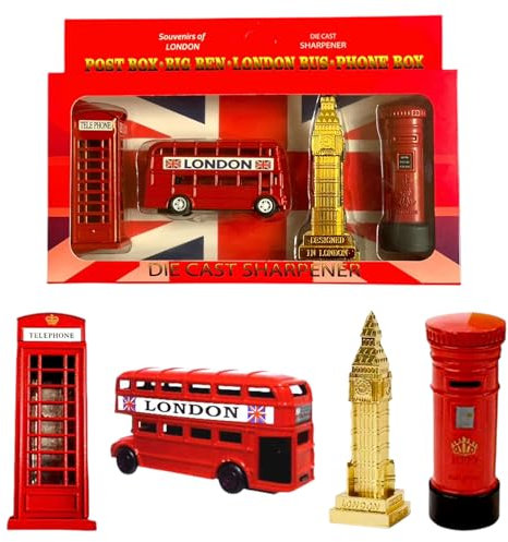 Spitzer-Set mit London-Doppeldecker-Roter Bus, Big Ben, Telefonzelle und Briefkasten, aus Druckguss-Metall und Kunststoffteilen