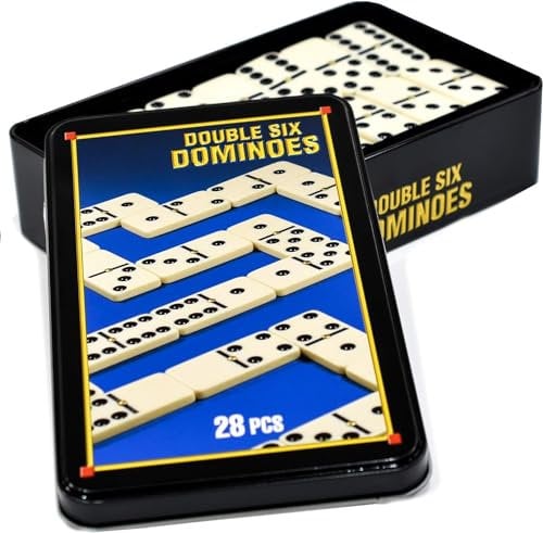 D.A.Y. Republic 28pc Double Six Classic Retro Domino Game, Traditional Set in Metal Case, Educational Travel Sized Toy, Kids Matching Game (in Deluxe Tin)
