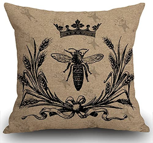 Smooffly Kissenbezug mit Bienen-Motiv, Vintage-Stil, Bienenkönigin, Retro-Krone, Blumenohren, Schleife, dekorativer Kissenbezug für Wohnzimmer, Sofa, Bett, 45 x 45 cm