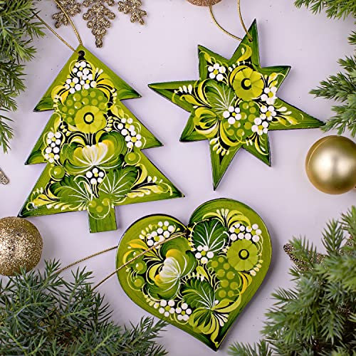 Holz Christbaumschmuck 3 St. Set Tannenbaum, Weihnachtsstern und Hetz Christbaumanhänger Beidseitig Handbemalt nach Ukrainischer Tradition, Wertvolles Weihnachtsgeschenk