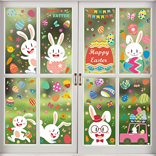 Fensterbilder Ostern Selbstklebend,9 Blätter Fensterdekoration Ostern Wiederverwendbar,Aufkleber Hase Ostereier,Fenster Aufkleber Dekorationen für Ostern,Osterfenster Häscheneier Frühlings Ostern