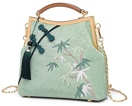 YeBon Retro Schulterkette Messenger Clutch Chinesischer Stil Kran bestickt Jacquard Damen Abendtaschen, Grüner Bambus