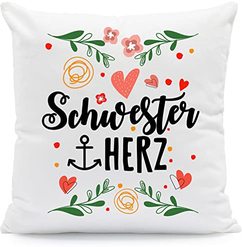 Bedrucktes Kissen mit Spruch - Schwesterherz - Herzliche Geschenke - Geschenk für die Beste Schwester zum Geburtstag Weihnachten - Geschenk für Sie - mit Füllung