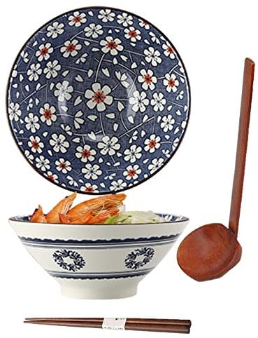 ZPPLD Ceramic Ramen Bowl Set,Large Porcelain Japanese Bowl,1100ml Japanese Noodle Soup Bowl,with Spoon Chopsticks,Salad Bowls (E)