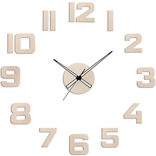 PRIM Veneer DIY Wanduhr, Made in EU, Holz Wand-Deko ∅ 600-1000 mm, 3D Ziffern, Groß XXL, Für Küche, Schlafzimmer (Helles Holz)