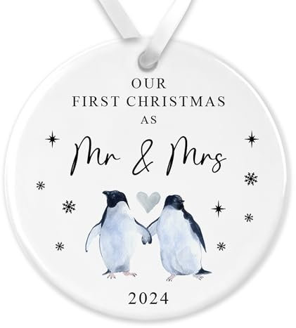 First Christmas as Mr & Mrs Watercolour Penguin Design Ceramic Bauble - Ideal Keepsake for Newlyweds' 1st Christmas Married
