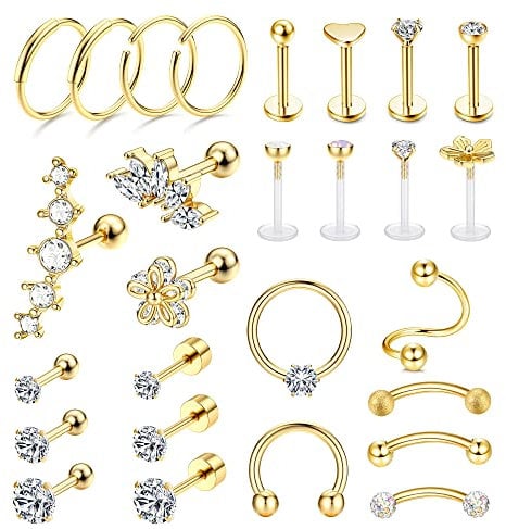 LOLIAS 27 Stück Helix Tragus Piercing Ohrringe für Frauen Männer Edelstahl Creolen Muschel Piercing Ohr Schmuck Nase Lippen Clicker Ring CZ Langhantel Piercing Set für Mädchen Geschenk