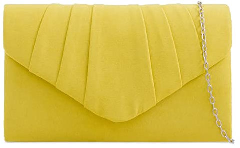 fi9® Pochette da donna in pelle scamosciata tinta unita, plissettata, per matrimoni, feste, balli e serate, Giallo, medium