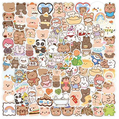 100pcs Cute Korean Bear Stickers Gifts for Girls Kids Small Kawaii Rilakkuma Scrapbooking Stickers Vinyl Waterproof Lovely Aesthetic Decals for Laptop Water Bottles Phone