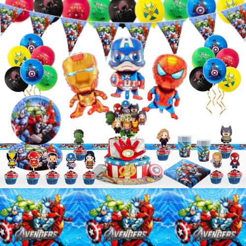 88PCS Ensemble Vaisselle Fête Kit Avenge, Decoration Anniversaire avec Assiette Nappe Ballon Bannière d'Anniversaire, Kit de Fête Anniversaire pour 10 Invités