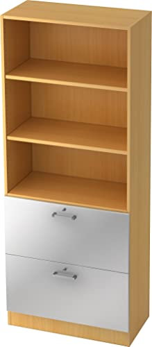 bümö Office Aktenschrank mit Hängeregister-Schubladen abschließbar, Büroschrank Holz, 80cm breit in Buche/Silber - Hängeregistratur für Hängeordner, Büro Schrank mit Chromgriffen