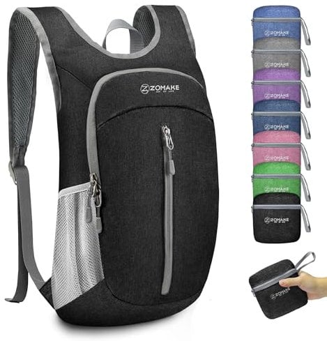 ZOMAKE Tasche 10L Faltbarer Rucksäcke Kleiner Tagesrucksack für Wandern Reisen und Städtetrips,Mini Leichter Rucksack für Damen Herren Kinder und Jugendliche(Schwarz)
