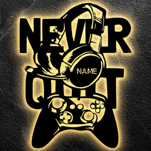NEVER QUIT Led Gaming Schild - Gamer Geschenkidee personalisiert Mit Name Zimmer Beleuchtung Wand Lampe - Zimmer Deko - Besondere Geschenke für Videospiel Fans - Jungs Männer Freund