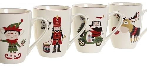 PLUS HOME Pack de 4 tazas navideña.4x Taza de Café de Porcelana navidad- Taza para Bebidas Frías y Calientes.Capacidad 350ml tamaño 12X8X10,5cm 340ML