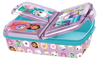 p:os 36543 - Gabbys Dollhouse Brotdose für Kinder mit 3 Fächern, Lunchbox aus Kunststoff mit Clip-Verschlüssen, Vesperdose für Kindergarten, Schule und Freizeit