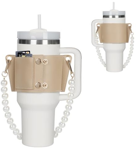 Leather Water Bottle Holder With Imitation Pearl Beads Water Bottle Sling, Compatible with Stanley 30 oz & 40 oz Tumbler with Handle, Water Bottle Carrier with Card Holder，Stanley Accessories