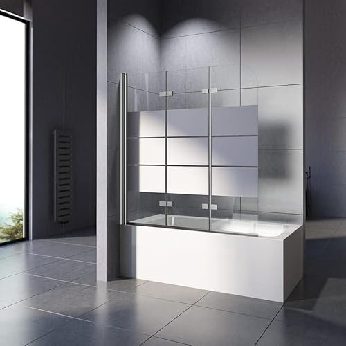 WOWINNE Duschwand für Badewanne Gestreift, Duschwand 140x140cm Badewannenaufsatz Duschwand Gestreift Schwarz 3-teilig Faltbar Duschabtrennung Badewanne mit 6mm NANO ESG-Glas