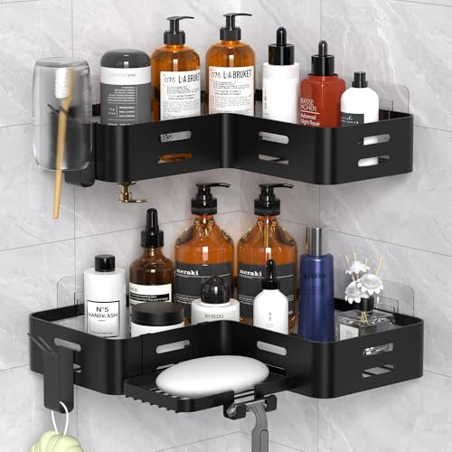Cooeco Etagere Douche Sans Percage 2 Pièces, Etagere Salle de Bain Rangement et Organisation de La Salle de Bain Avec Porte - Savon et Crochet, Noir