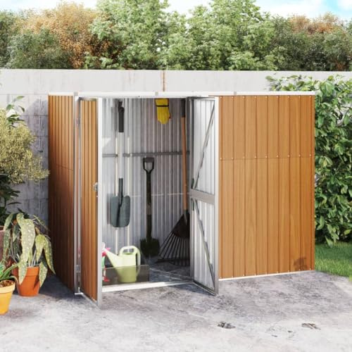 Hommdiy Geräteschuppen Gartenhaus mit Schiebetür,Schwingtür,geräumiger Gartengeräteschuppen,Metallgeräteschuppen mit Satteldach, Gartengeräteschrank,verzinkter Stahl,Braun,225x89x161cm