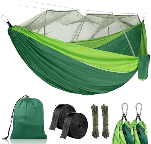 SVIPDDD Hamac avec moustiquaire-260 x 140 cm,Capacité de Charge de 300 LB,Hamacs de Parachute Portable Double Nylon, hamac d'extérieur pour Camping et Jardin, hamac avec kit de Suspension