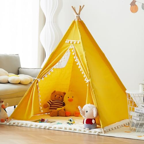 Uixxducc Tipi Zelt für Kinder,Tipi Kinderzelt Zelt Kinderzimmer, Kinderzelt für Drinnen Spielzelt Kinder Indoor Lesezelt Kuschelecke Kinderzimmer Deko (Gelb,1.35M)
