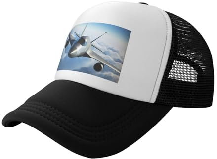 OPSREY Baseballkappe mit fliegendem Flugzeug bedruckt, atmungsaktives Netzgewebe, verstellbarer Schnappverschluss, Schwarz, 4-7