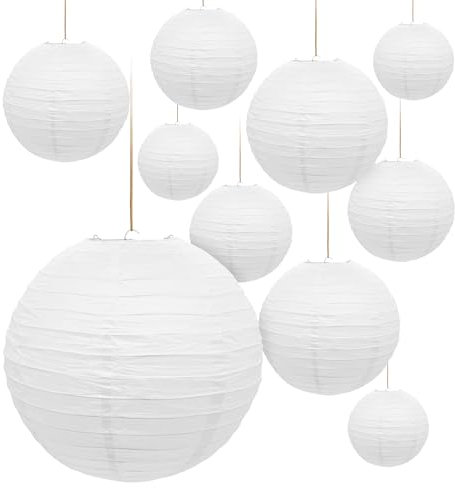 Papier Lampion in weiß zum Hängen - 10er Set in 30 cm - Deko Papierlaterne rund - Lampenschirm Papierlampe gerippt Deko für Garten Party Hochzeit Geburtstag Bamboo Style