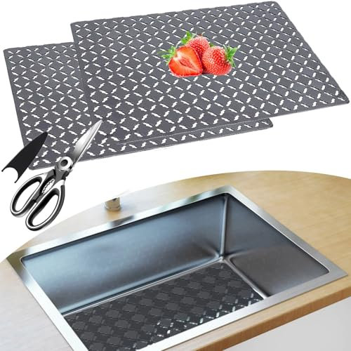 2 Stück Spülbeckenmatte, 30 x 40 cm Silikon Spülbeckeneinlage mit einer Schere, Zuschneidbar Schutzmatte für Spülbecken, Abtropfmatte Spülbeckenschutz für Edelstahl & Keramikspülen,Trocken von Besteck