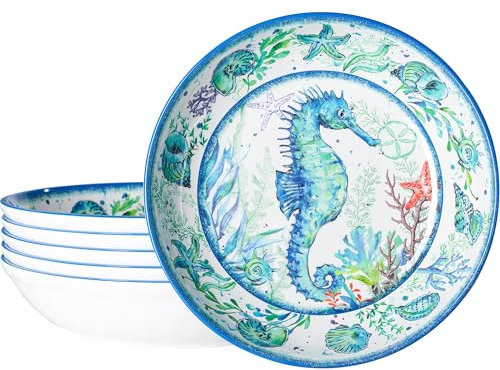 LEHAHA Melamine Pasta Bowls, Set of 6 9.25 inches 42 OZ Large Salad Serving Bowls, Coastal Melamine Dinner Deep Plates, Lightweight Soup/Cereal/Noodle Bowls set, Dishwasher Safe,Oceanic Design…
