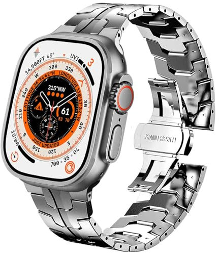 DEALELE Strap Compatible with Apple Watch 41mm 40mm 38mm, Thin Iron Man Stainless Steel Metal Replacement Bands for iWatch Series 9/8 / 7/6 / 5/4 / 3 / SE Women Men, Titanium