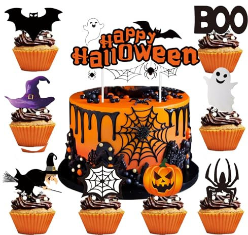 25 Pcs Halloween Cake Toppers - Pumpkins, Spiders, Bats & Happy Halloween Decorations